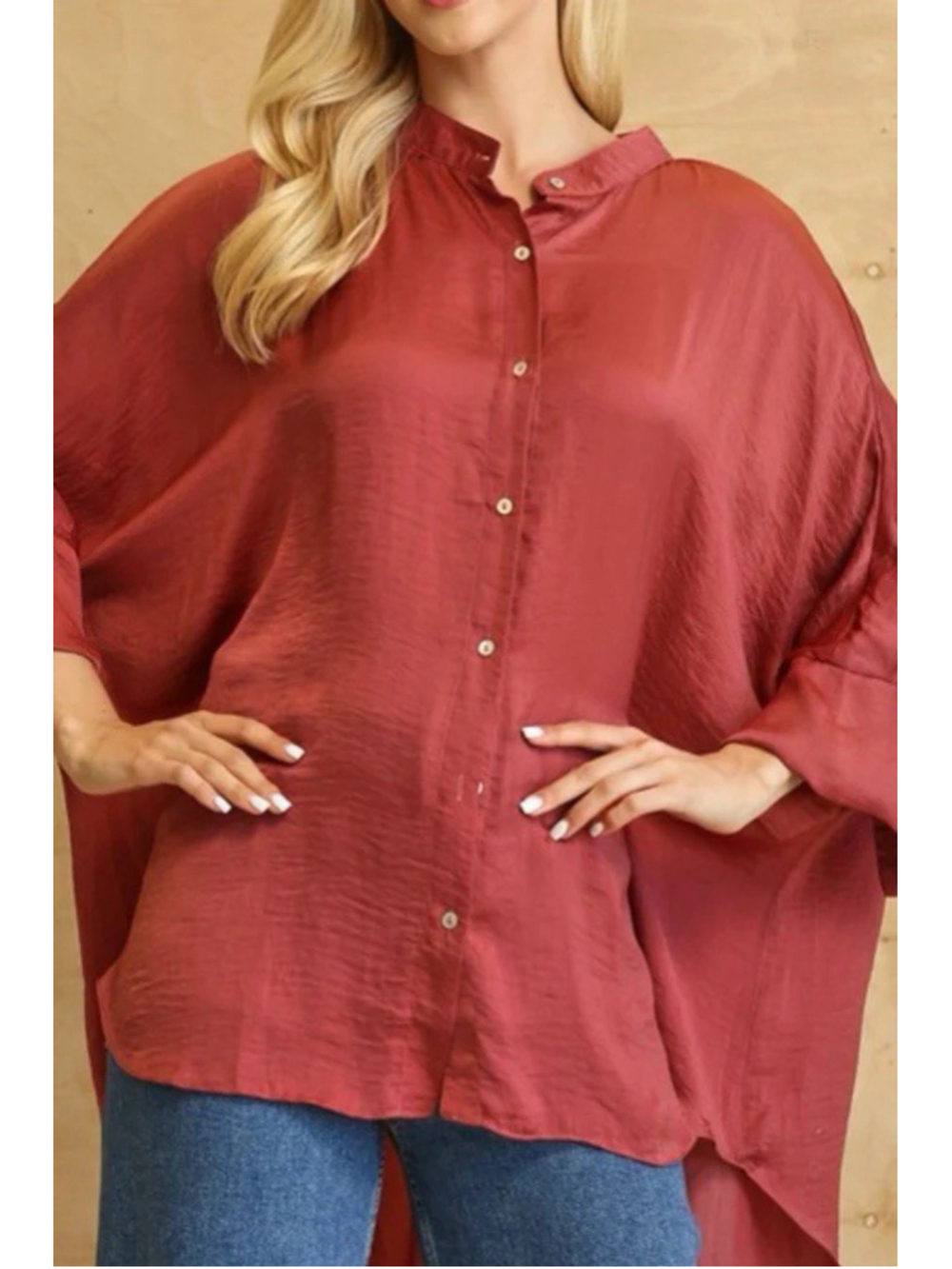 ☀️ GiGio Plus XL Soft Red Satin Button Front Tunic Blouse Oversized NWT